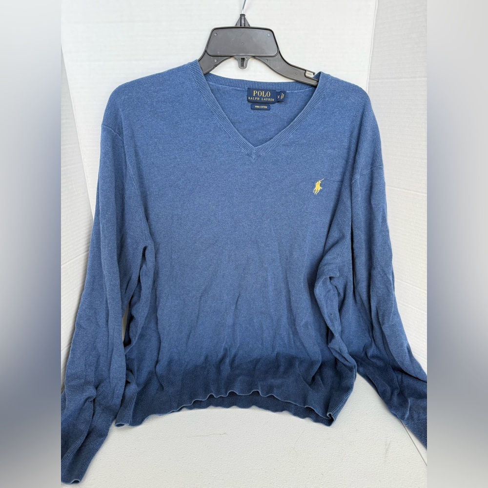 Mens Polo Ralph Lauren 100% Pima Cotton Blue V-Neck Sweater XL